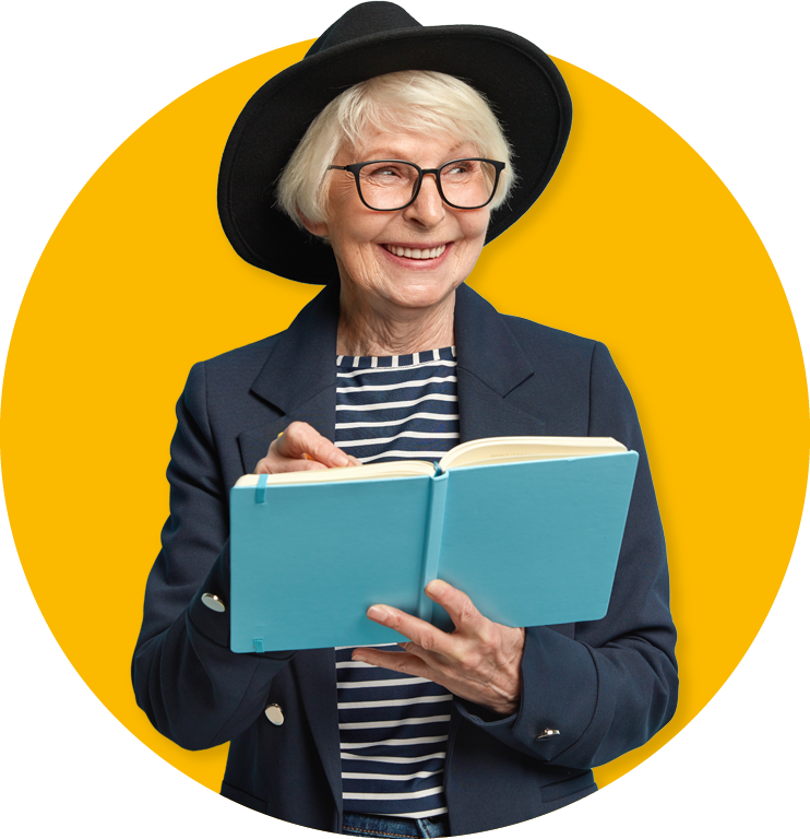 veldhuijzen advies vrouw bril hoed senior op leeftijd boek glimlach geel
